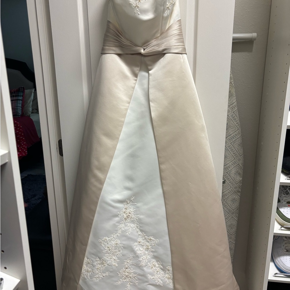 David’s Bridal Elegant Cream and White Wedding Gown with Lace Details